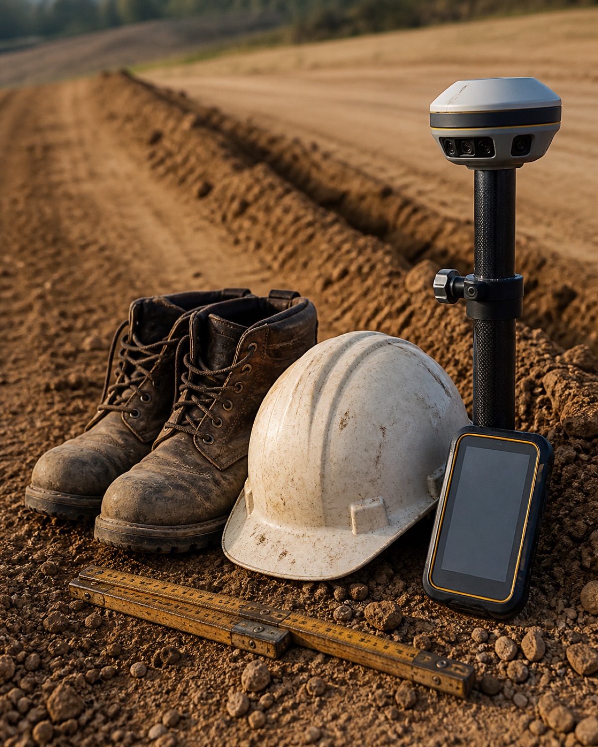 Worn construction boots, hard hat, folding ruler, and modern GNSS rover equipment beside graded soil