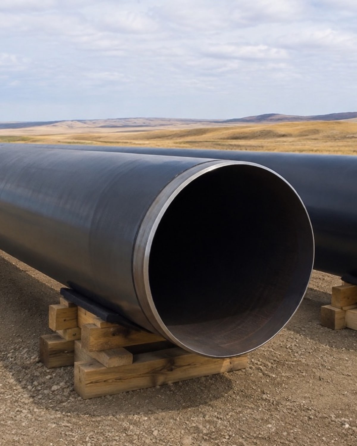 Illustrative close view of a coated steel pipe end resting on timber supports on a dirt construction corridor
