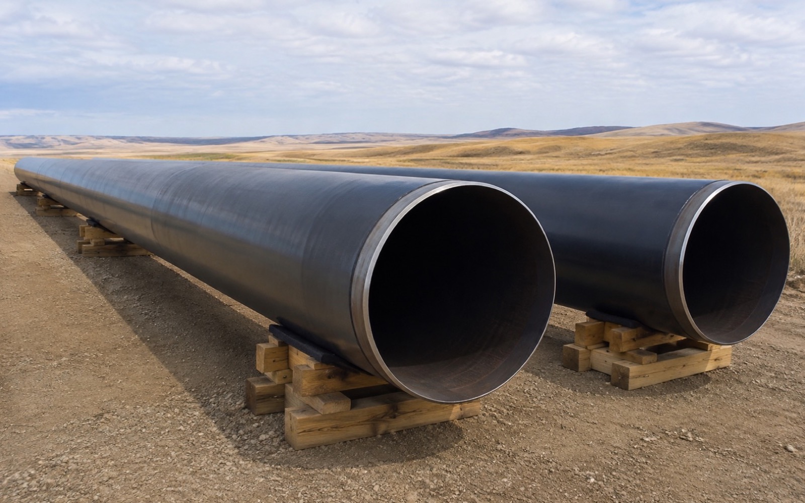 Illustrative pipeline construction scene showing coated steel pipe sections resting on timber supports along a dirt right-of-way