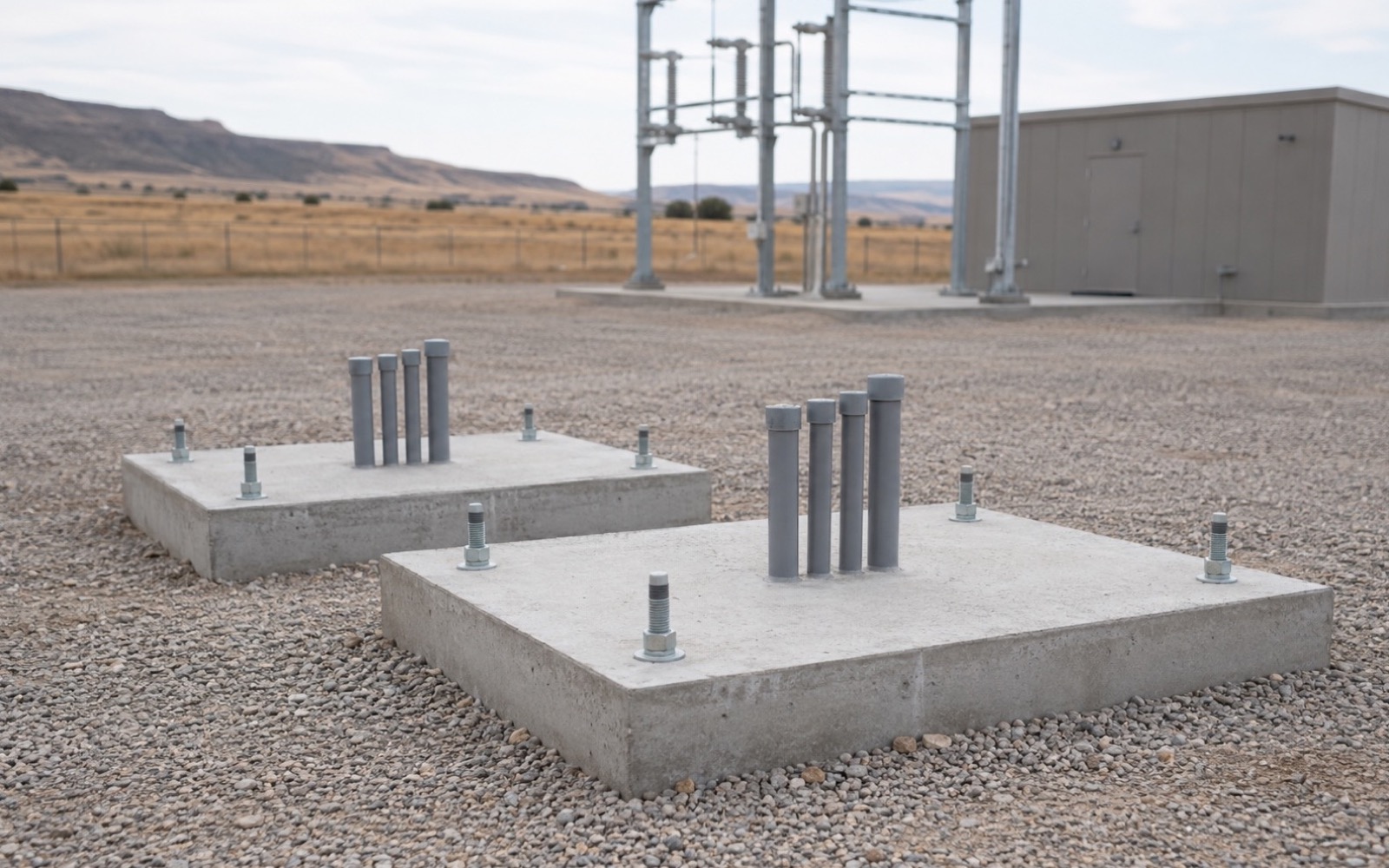 Illustrative substation construction scene with concrete equipment foundations, capped conduits, and steel support structures