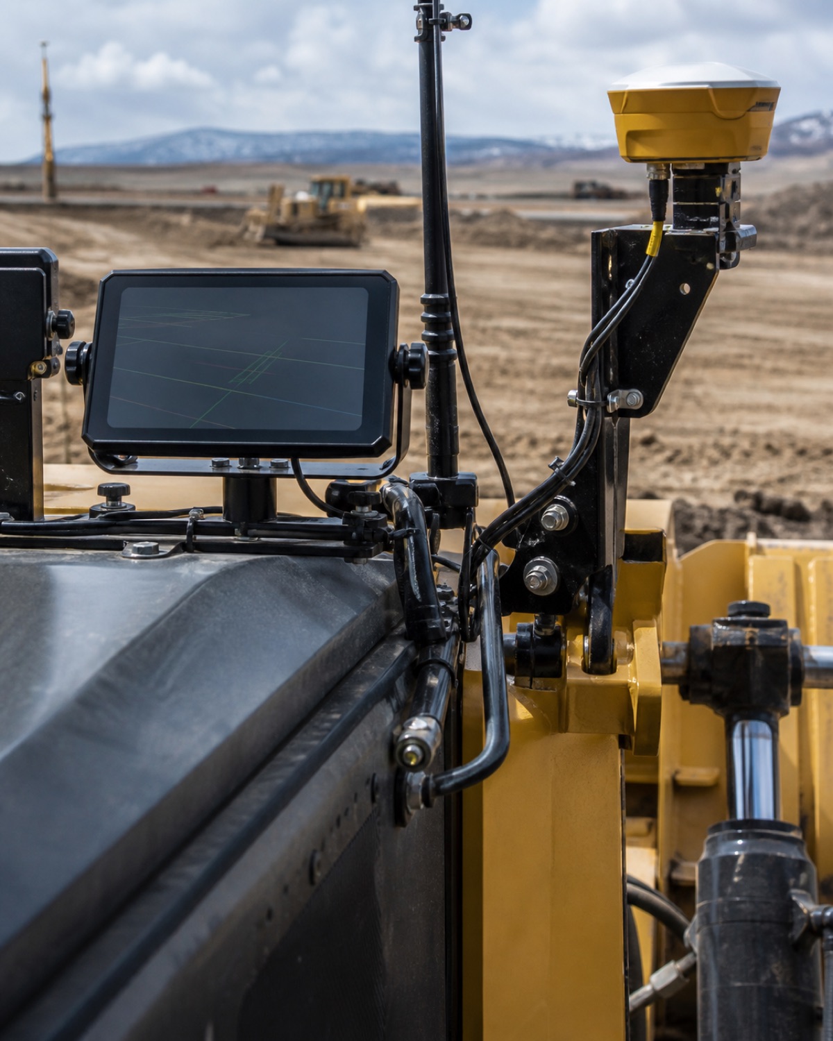 Close view of machine-control hardware and GPS components on unbranded heavy equipment